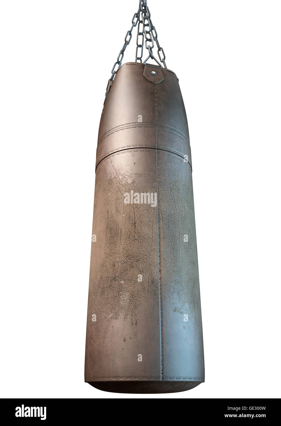 Un rendu 3D d'un vieux sac de frappe en cuir vintage porté sur un fond studio blanc isolé Banque D'Images