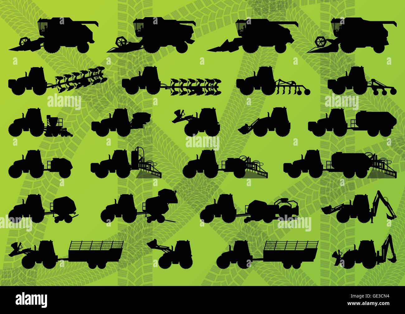 Matériel agricole industriel Agriculture tracteurs, camions, moissonneuses-batteuses, les excavatrices et les silhouettes illustration détaillée Illustration de Vecteur
