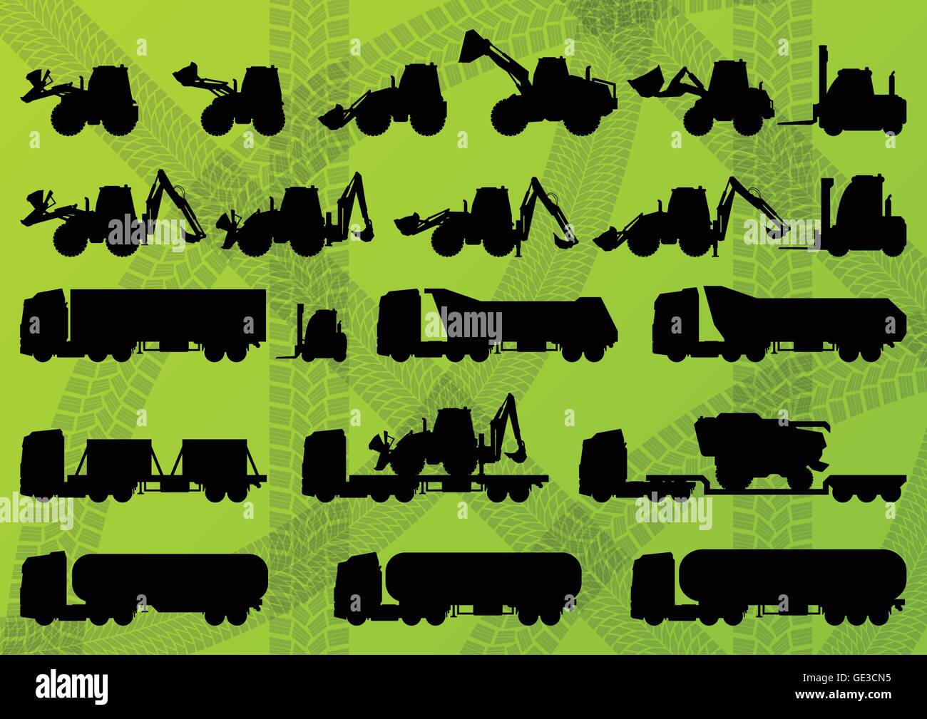 Matériel agricole industriel Agriculture tracteurs, camions, moissonneuses-batteuses, les excavatrices et les silhouettes illustration détaillée Illustration de Vecteur