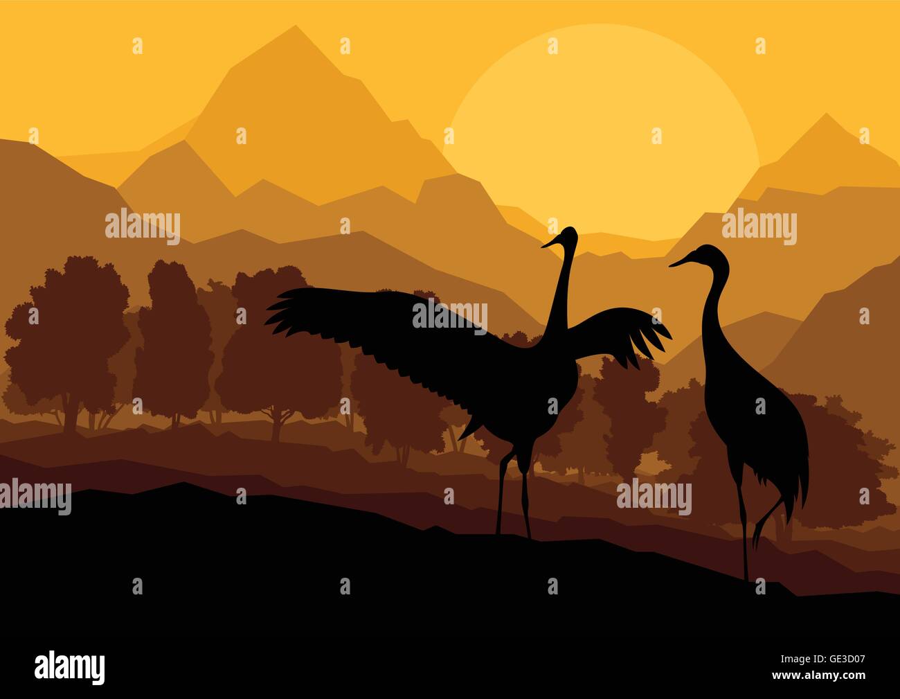 Couple de grues en montagne sauvage nature paysage background vector illustration Illustration de Vecteur