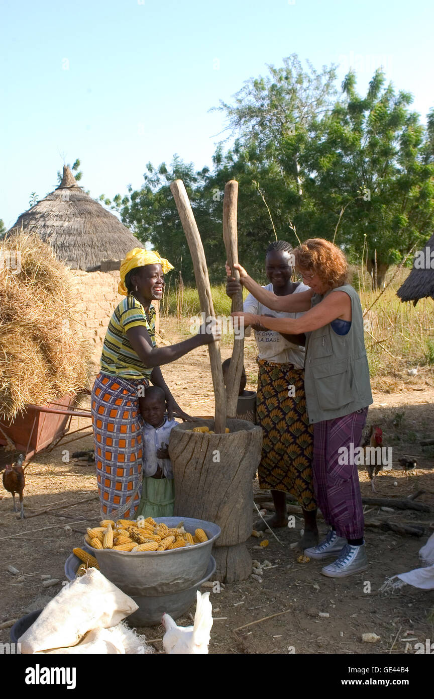 Un touriste français participe à maïs repliable dans la bonne humeur avec des femmes d'un village du Burkina Faso Banque D'Images