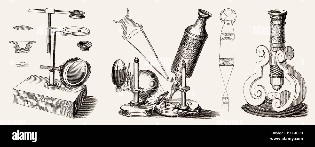 Microscopes anciens par Jean Brassard, Robert Hooke, Johann Franz Griendel, 17e et 18e siècle Banque D'Images