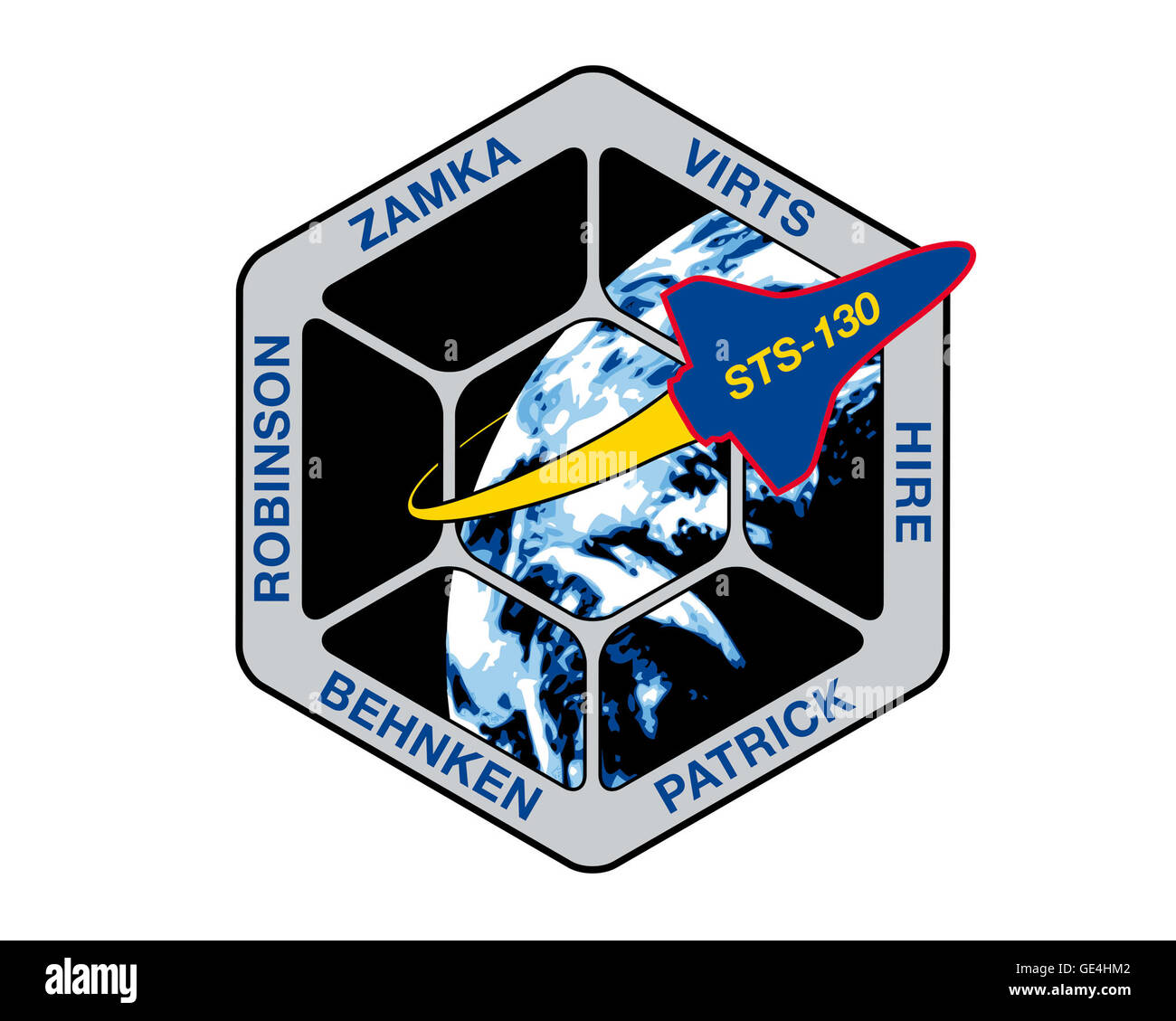 La mission STS-130, lancée le 8 février 2010 à bord de la navette spatiale *Endeavour*, a livré et installé le nœud de tranquillité et la Copula sur la Station spatiale internationale. Le commandant George D. Zamka et l'équipage, dont le pilote Terry W. Virts Jr. et les spécialistes de mission Robert L. Behnken, Stephen K. Robinson, Kathryn P. Hire et Nicholas J. M. Patrick, ont achevé l'agrandissement critique de la station spatiale, offrant aux astronautes une vue à sept fenêtres. Banque D'Images