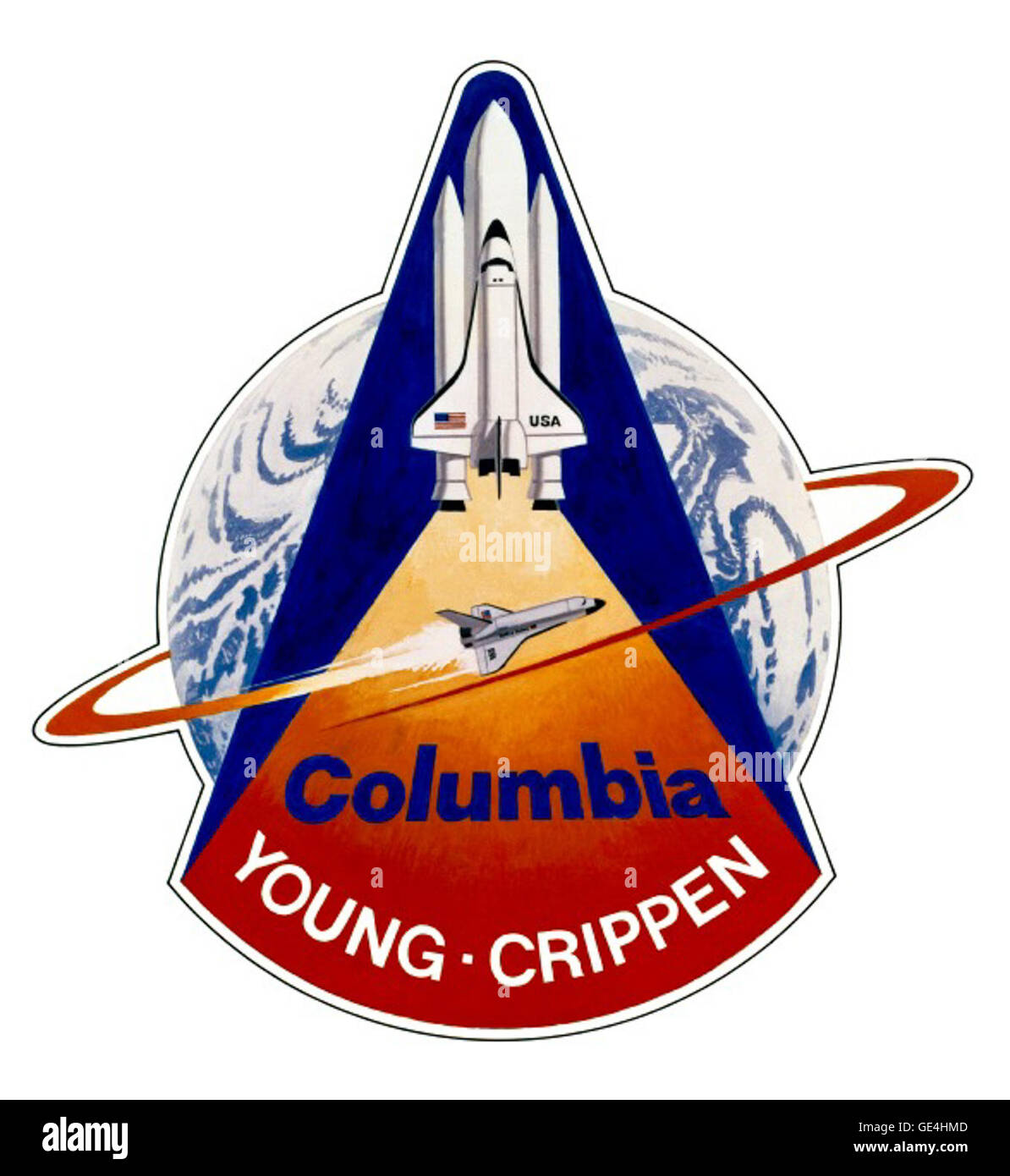 Cette image montre un moment de la mission STS-1, le premier vol de navette spatiale, montrant la navette Columbia alors qu'elle se prépare au lancement. La mission historique a marqué le début du programme de la navette spatiale, mettant en évidence les progrès de la NASA dans l'exploration spatiale. Banque D'Images