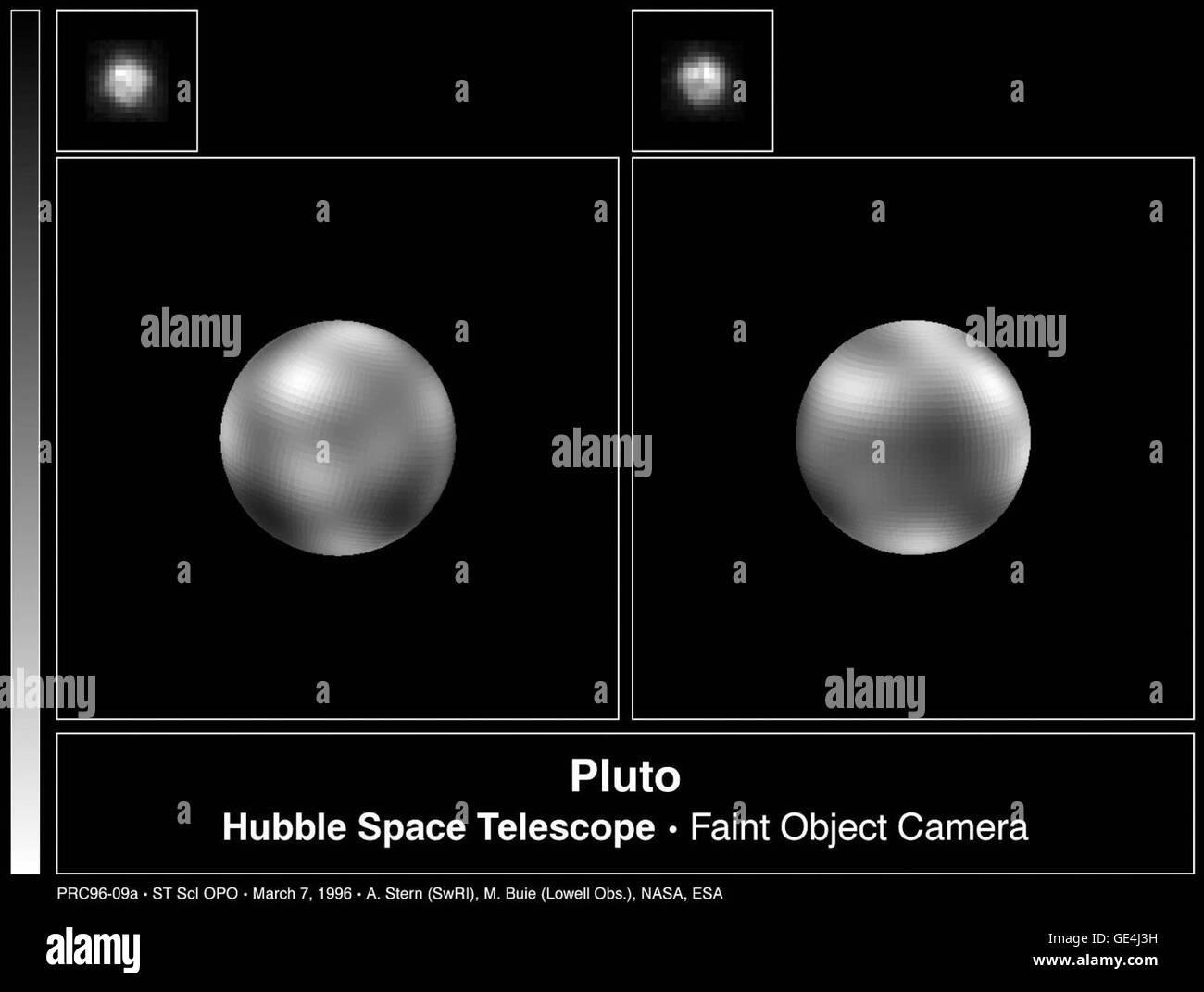 L'image fournit une vue détaillée de la surface de Pluton, mettant en valeur son terrain complexe et ses caractéristiques glacées capturées par la mission New Horizons de la NASA. Banque D'Images