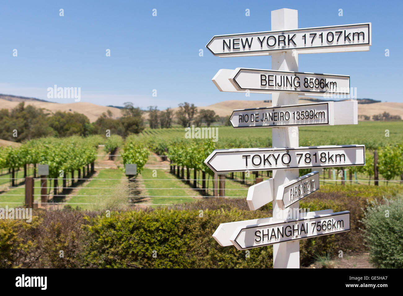 La direction et la distance vers les villes du monde de vignoble australien dans le sud de l'Australie Banque D'Images