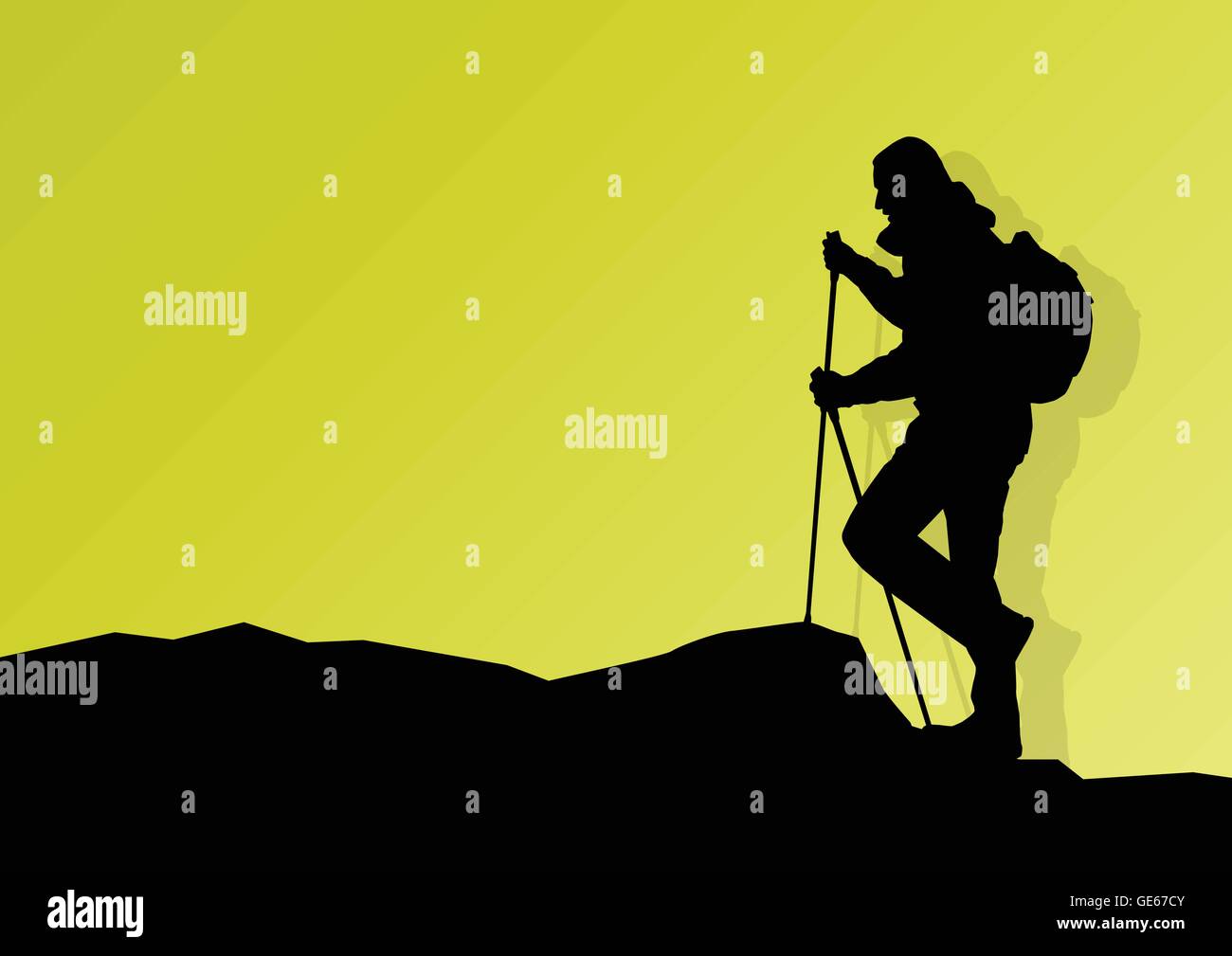 Homme randonnée dans les montagnes de la marche nordique aventure avec des poteaux dans la nature vector background paysage illustration Illustration de Vecteur