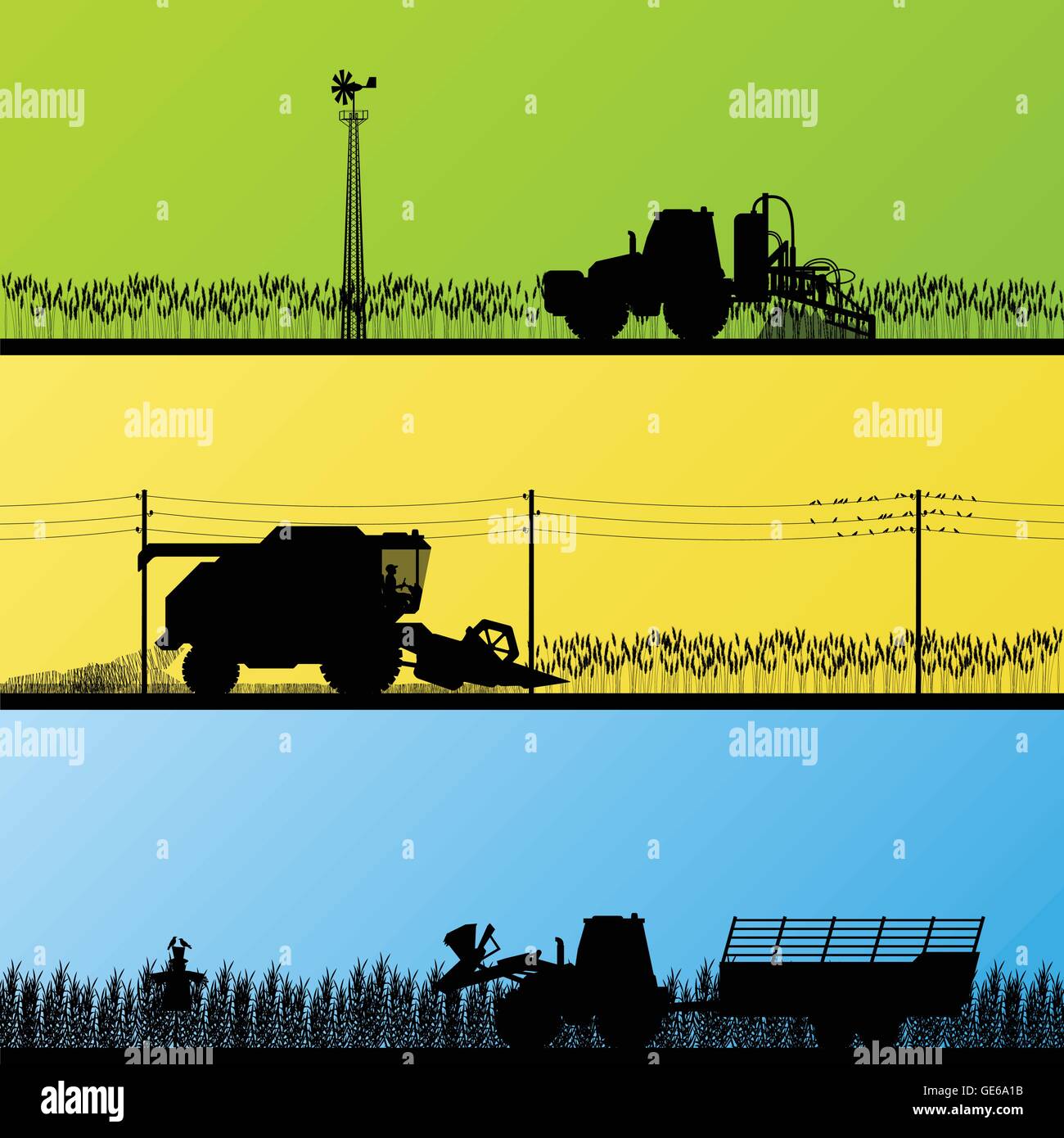 L'agriculture tracteurs et moissonneuses cultivée dans les champs Pays fond vecteur illustration paysage Illustration de Vecteur