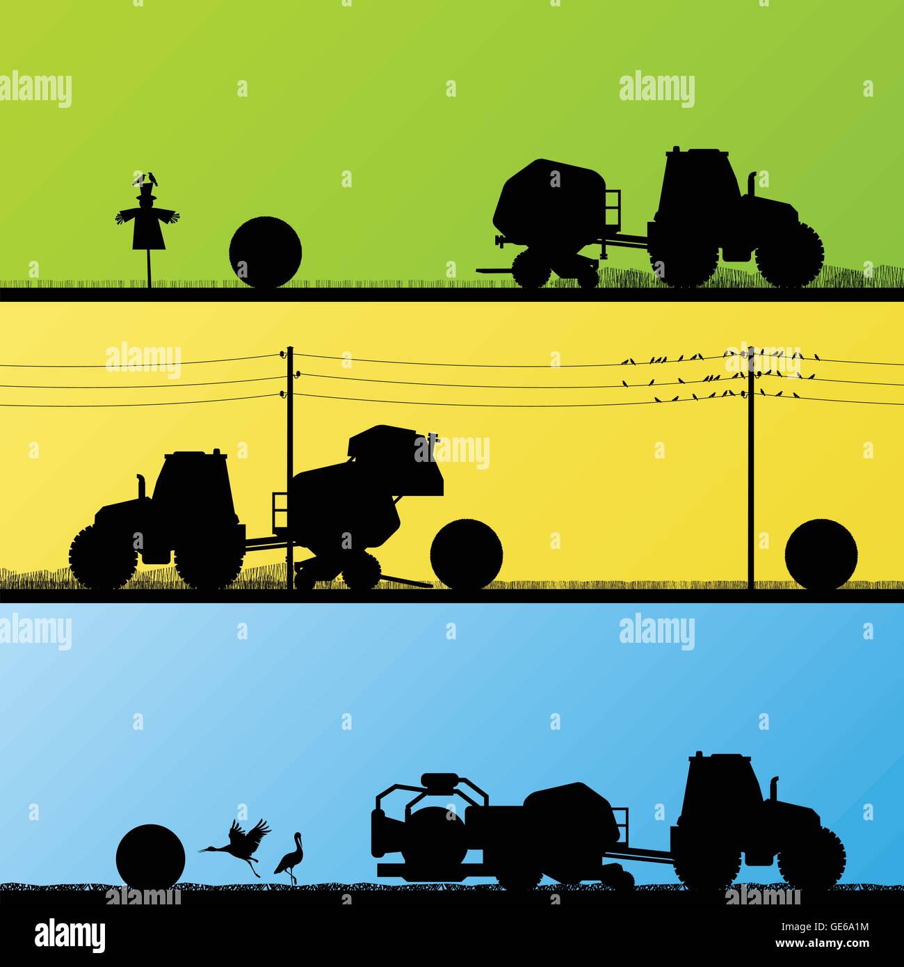 Les tracteurs agricoles de faire des balles de foin cultivé dans les champs Pays fond vecteur illustration paysage Illustration de Vecteur