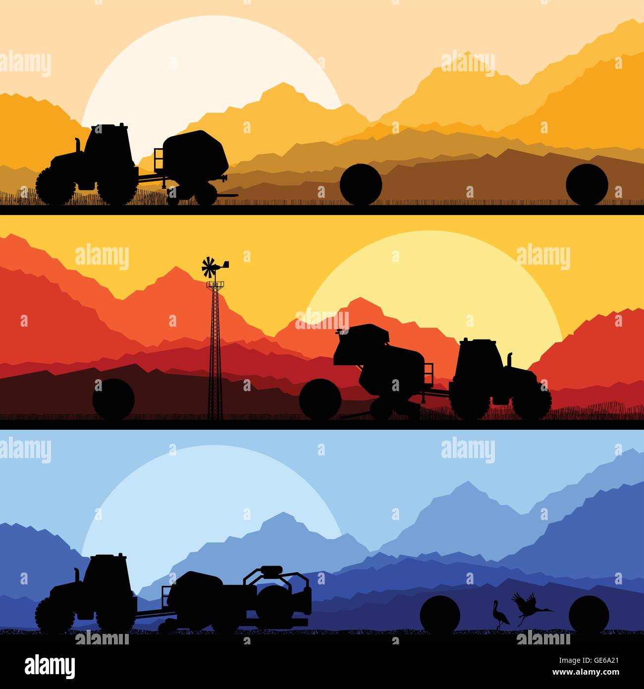 Les tracteurs agricoles de faire des balles de foin cultivé dans les champs Pays fond vecteur illustration paysage Illustration de Vecteur