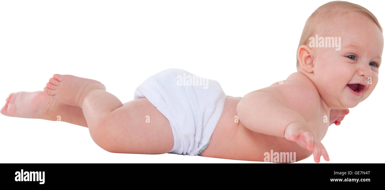 Une photo de bébé cute smiling side view of Baby Boy est allongé sur son ventre il porte isolée couche over white background Banque D'Images