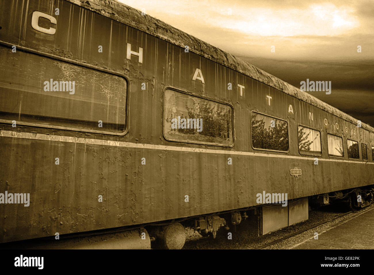 Un train de voyageurs vintage voiture convertie en chambres d'hôtes, est situé sur les pistes en Chattanooga CHOO CHOO Hôtel complexe dans l'AMT Banque D'Images