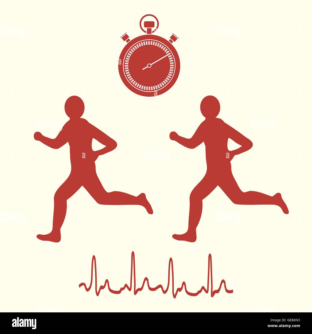 Icône stylisée des deux coureurs avec un chronomètre et du rythme cardiaque sur un fond blanc Illustration de Vecteur