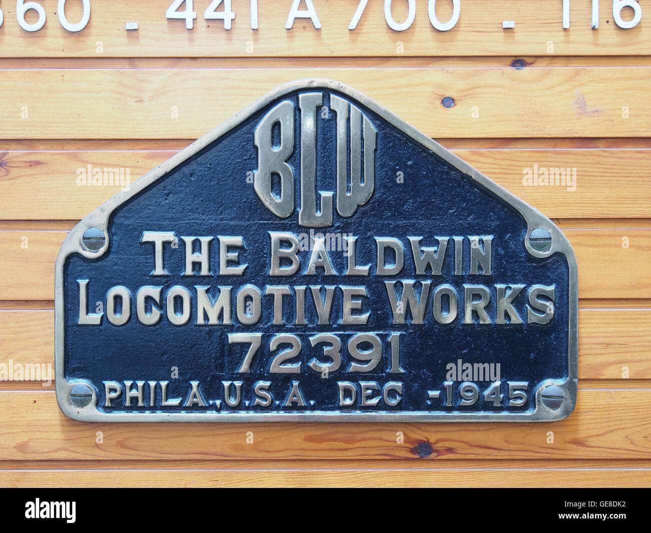 Plaque-de-constructeur la Baldwin Locomotive Works, Phila 72391 USA Dec 1945 Banque D'Images