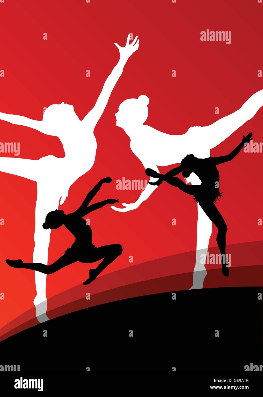 Les jeunes gymnastes actifs fille silhouettes en acrobatie abstract background vector illustration Illustration de Vecteur