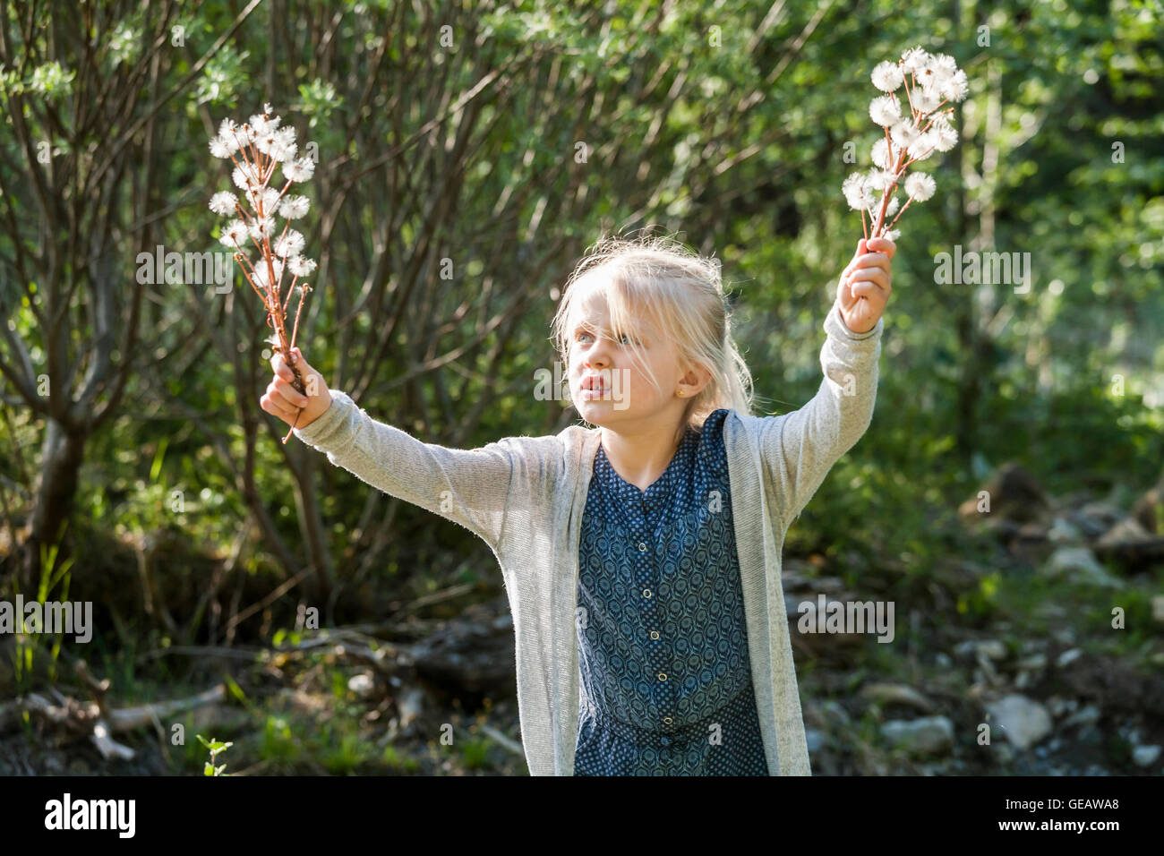 Petite fille blonde holding ombelles dans ses mains Banque D'Images