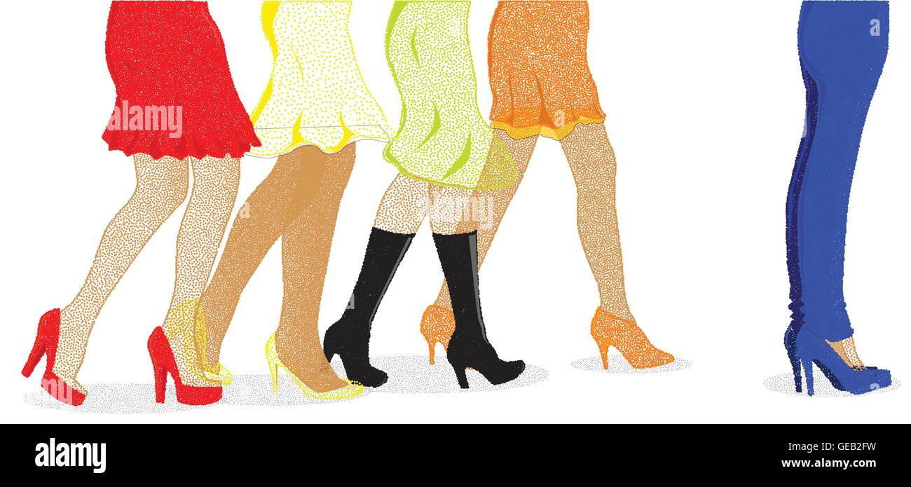 Une collection de femmes jambes à marcher en direction de la vente avec une paire portant des jeans à l'avant avec l'ib stipple Illustration de Vecteur