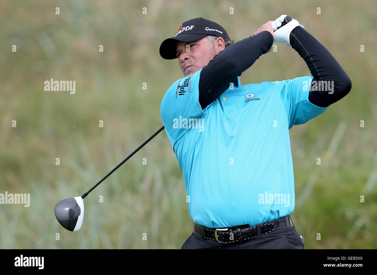 USA's Scott McCarron sur le 6ème tee pendant quatre jours du championnat Senior 2016 à Carnoustie Golf Links. Banque D'Images