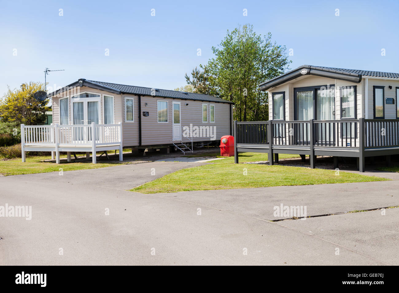 Caravanes statiques à un parc de vacances de Prestatyn, Nord du Pays de Galles, Royaume-Uni Banque D'Images