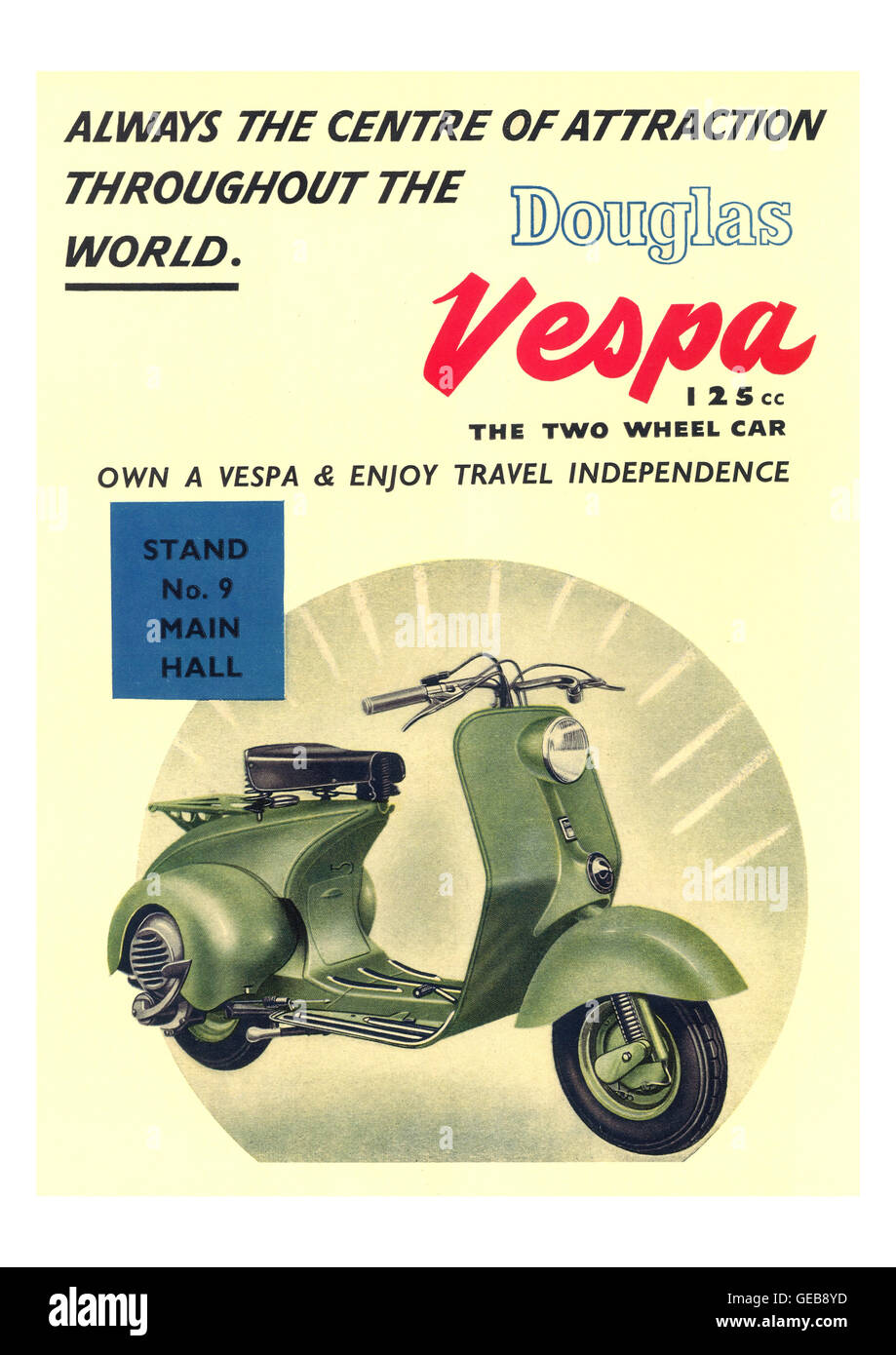 1960 Appuyez sur votre annonce pour Vespa scooter apparaissant dans Ideal Home Exhibition Hall principal Banque D'Images