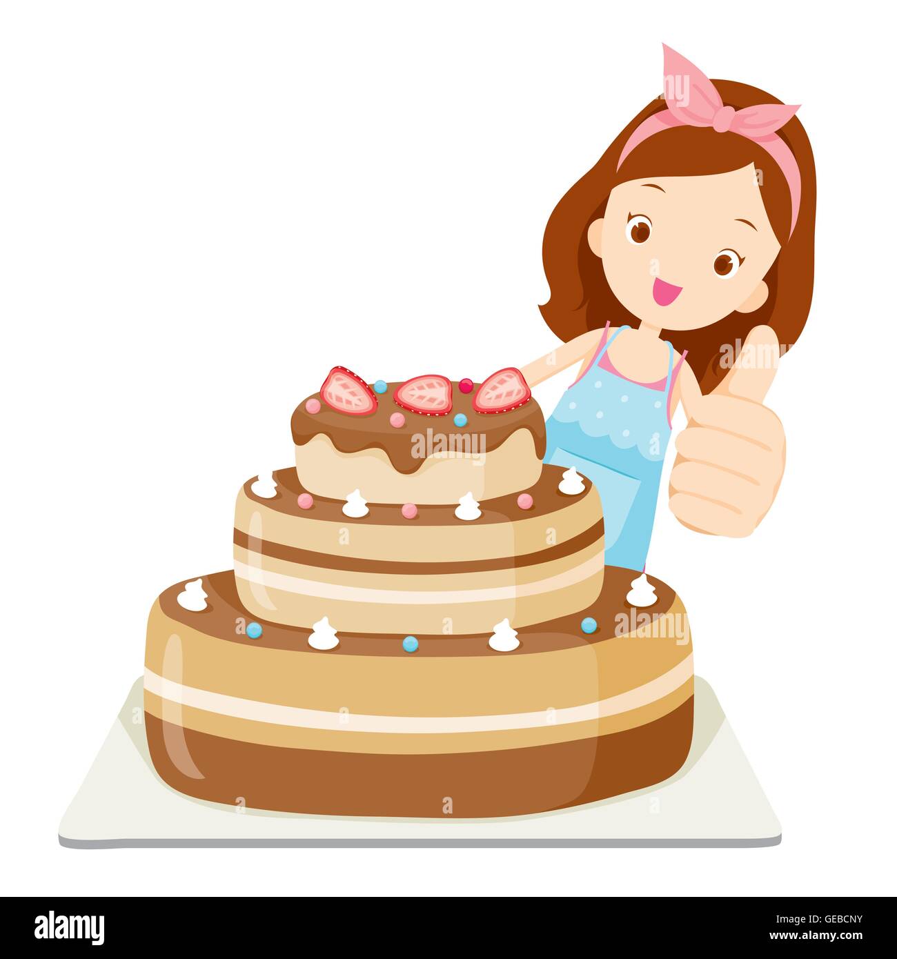 Grand gâteau avec Girl Thump, cuisine, ustensiles de cuisine, vaisselle, cuisine, alimentation, boulangerie, la profession, le mode de vie Illustration de Vecteur