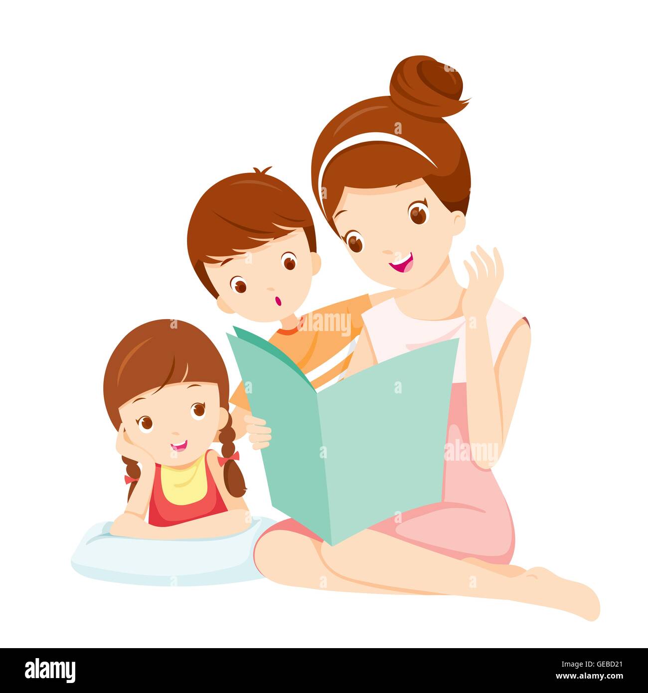 Livre de lecture mère en fille et fils, Fête des mères, enfants, famille, histoire, Détente Illustration de Vecteur