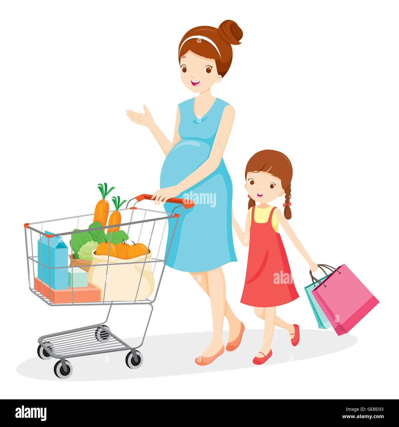 Maman enceinte et sa fille Shopping ensemble, la mère, la vente au détail, panier, l'achat, Pushcart, Trolley Illustration de Vecteur