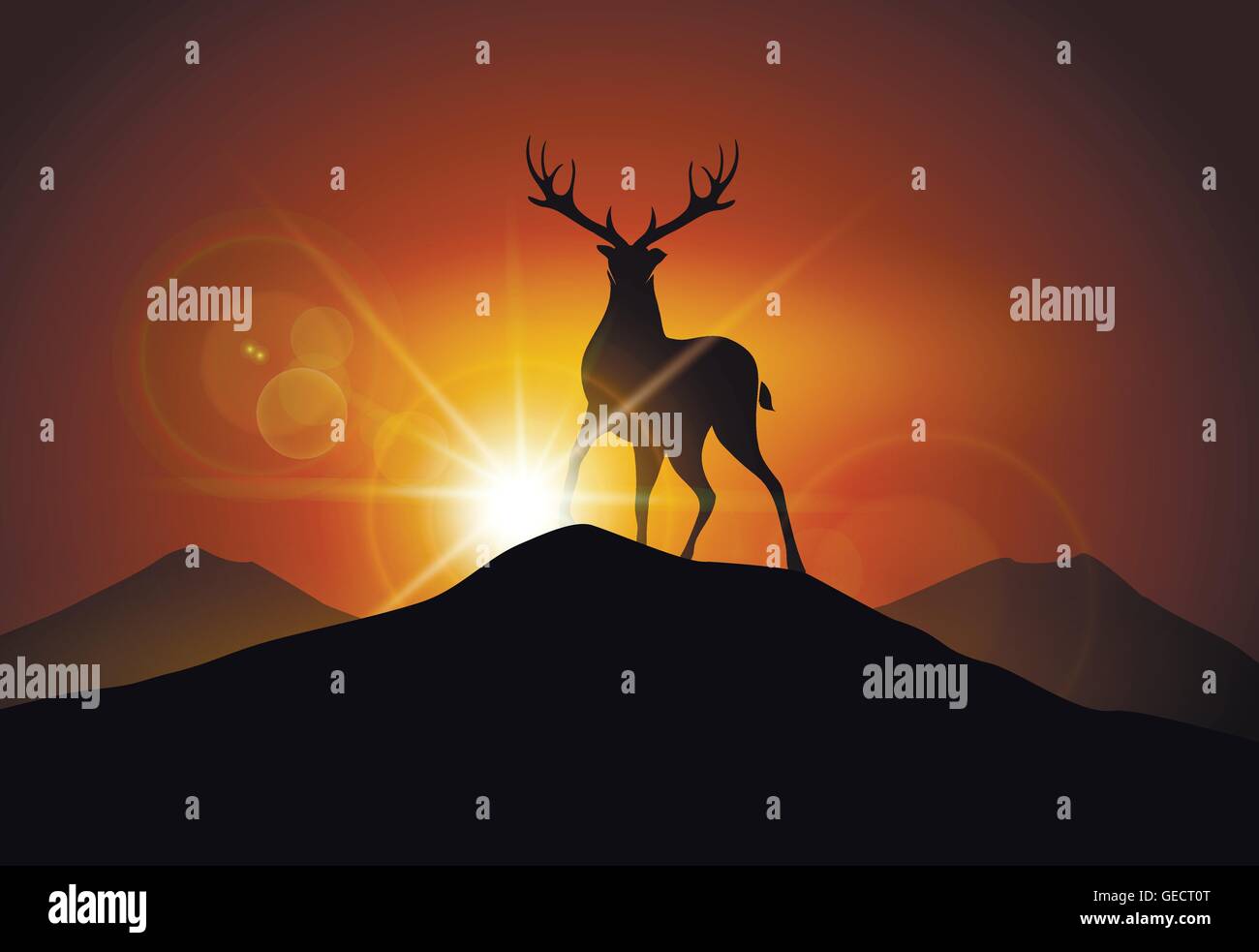 Silhouette de cerf sur un pic de montagne contre coucher de paysage. Illustration de Vecteur