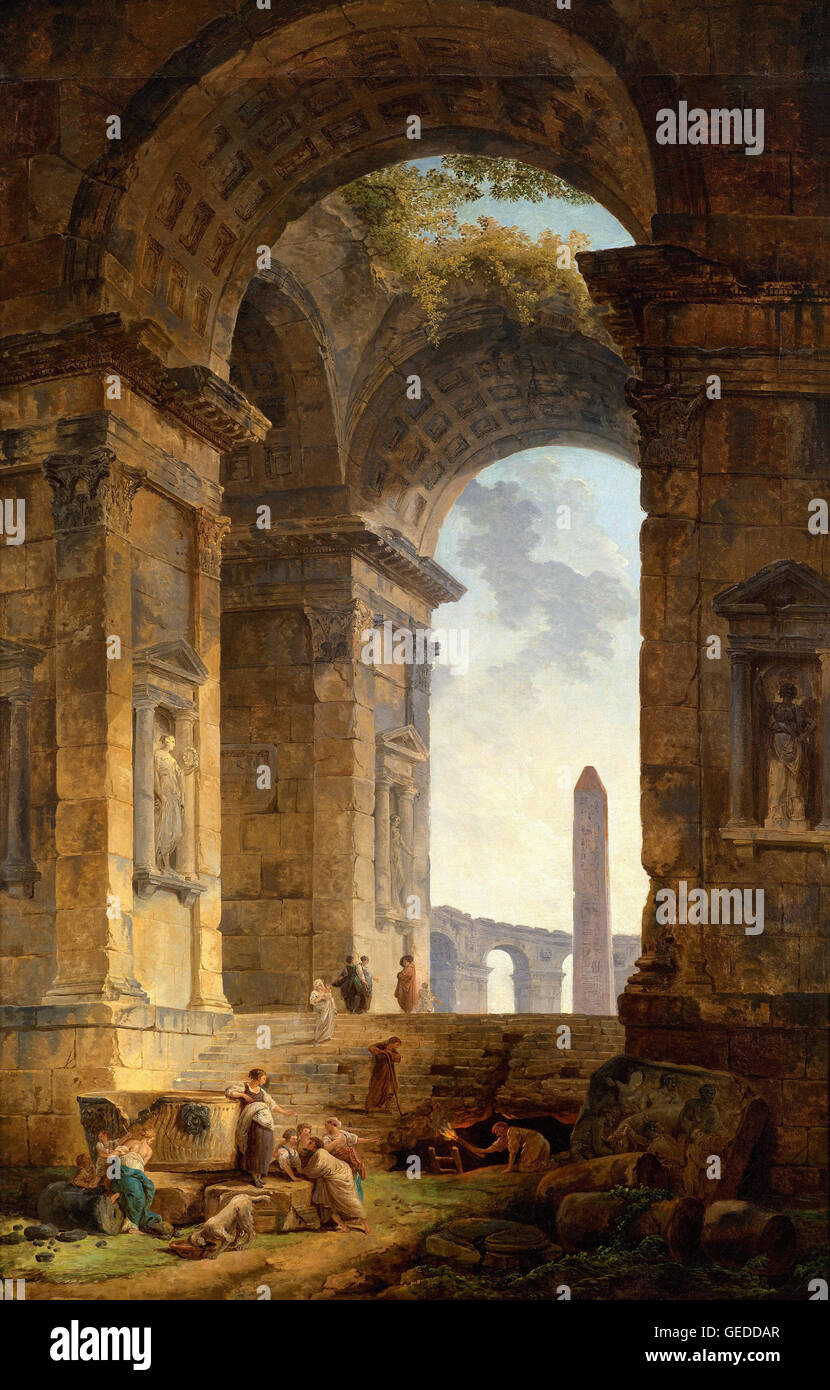 Hubert Robert - Les ruines avec un obélisque dans la distance Banque D'Images