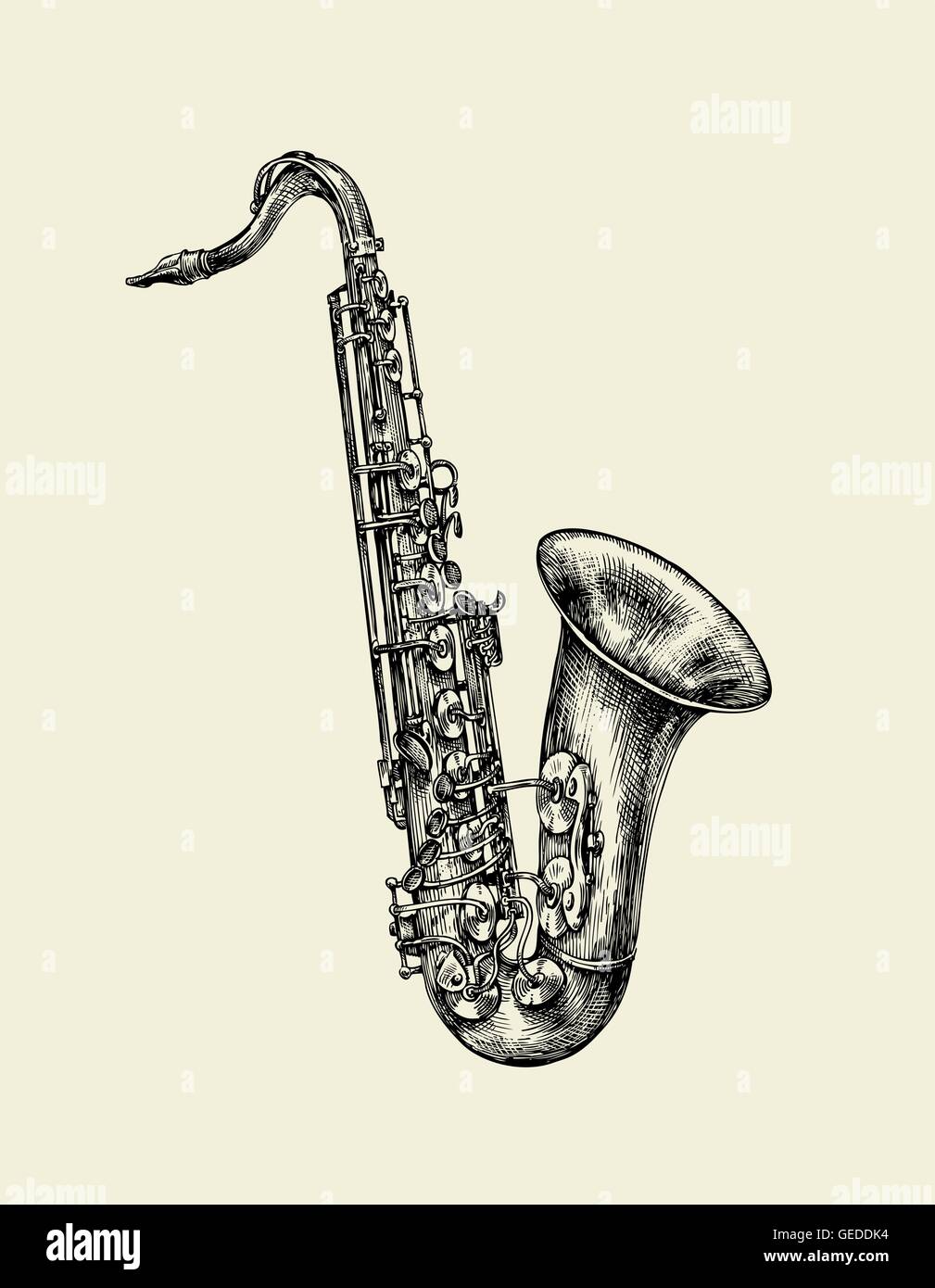 La musique jazz. Croquis dessinés à la main, saxophone, instrument de musique. Vector illustration Illustration de Vecteur