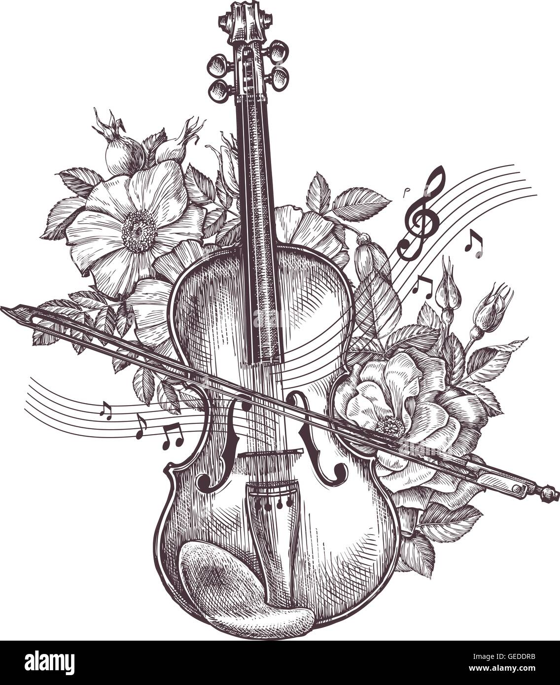 Violon vintage. Retro dessiné à la main le violon et de fleurs. Vector illustration Illustration de Vecteur