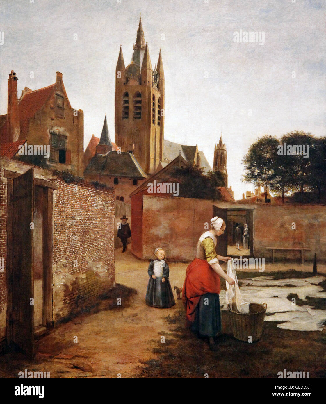 Blanchissement du linge de maison pour femme et enfant 1658 par Pieter de Hooch 1629-1684. Peintre hollandais de l'âge d'or.contemporain de Jan Johannes Vermeer Banque D'Images