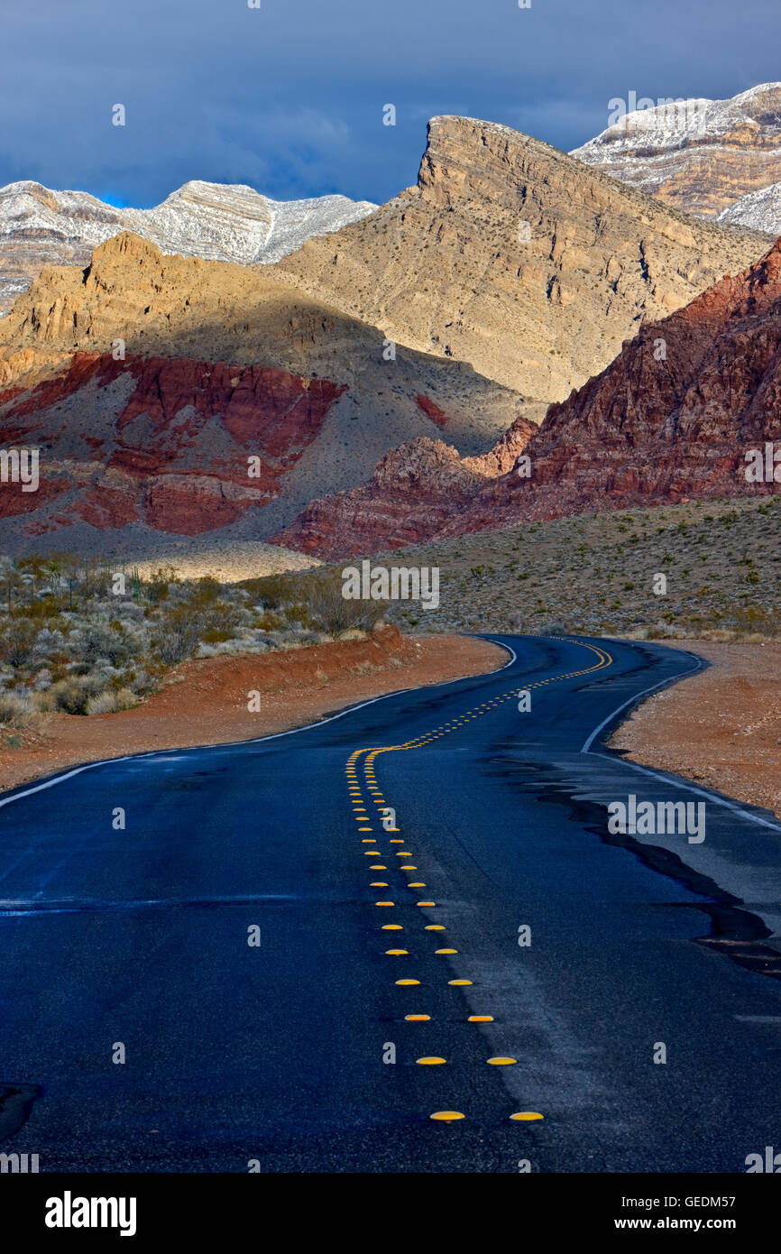 Géographie / voyages, USA, Nevada, Las Vegas, route de campagne menant vers les montagnes de printemps près de Red Rock Canyon National Conservation Area, near, Nevada, Las Vegas, No-Exclusive-Utilisation Banque D'Images