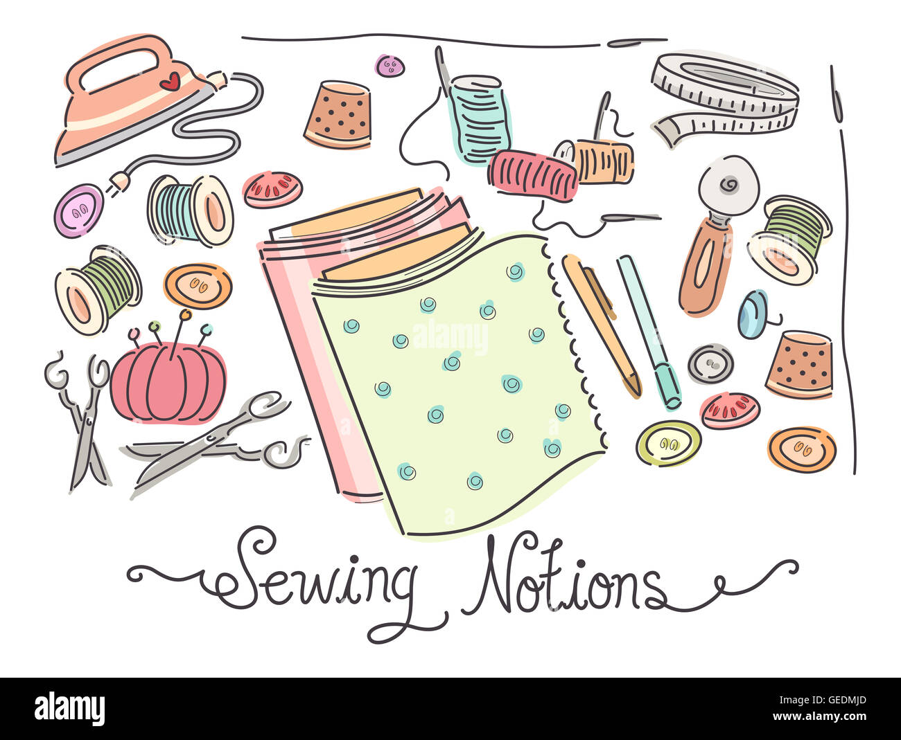 Illustration en couleur comportant une variété de matériel de couture Banque D'Images