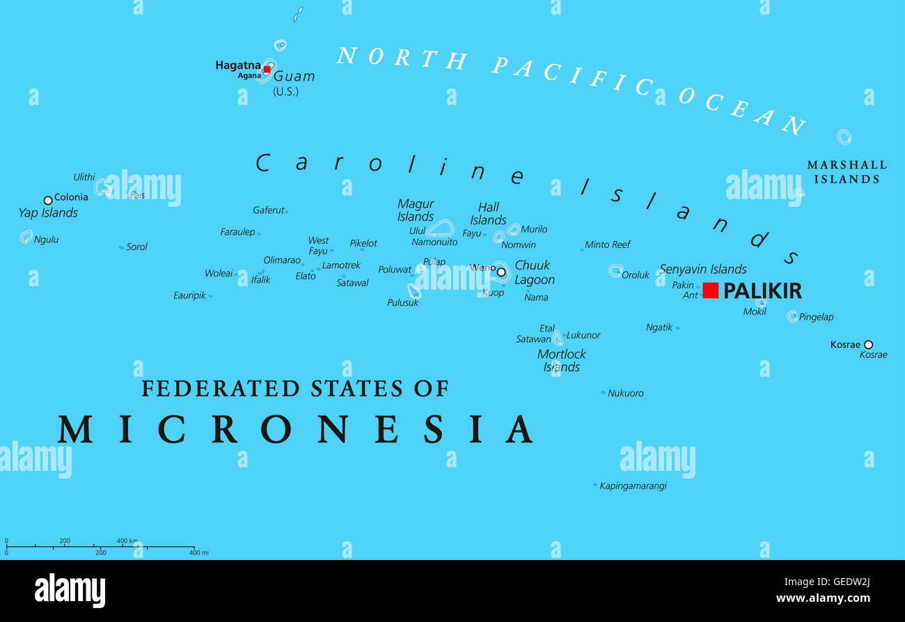 États fédérés de Micronésie carte politique avec capital Palikir. Île-nation souverain indépendant dans l'océan Pacifique. Banque D'Images