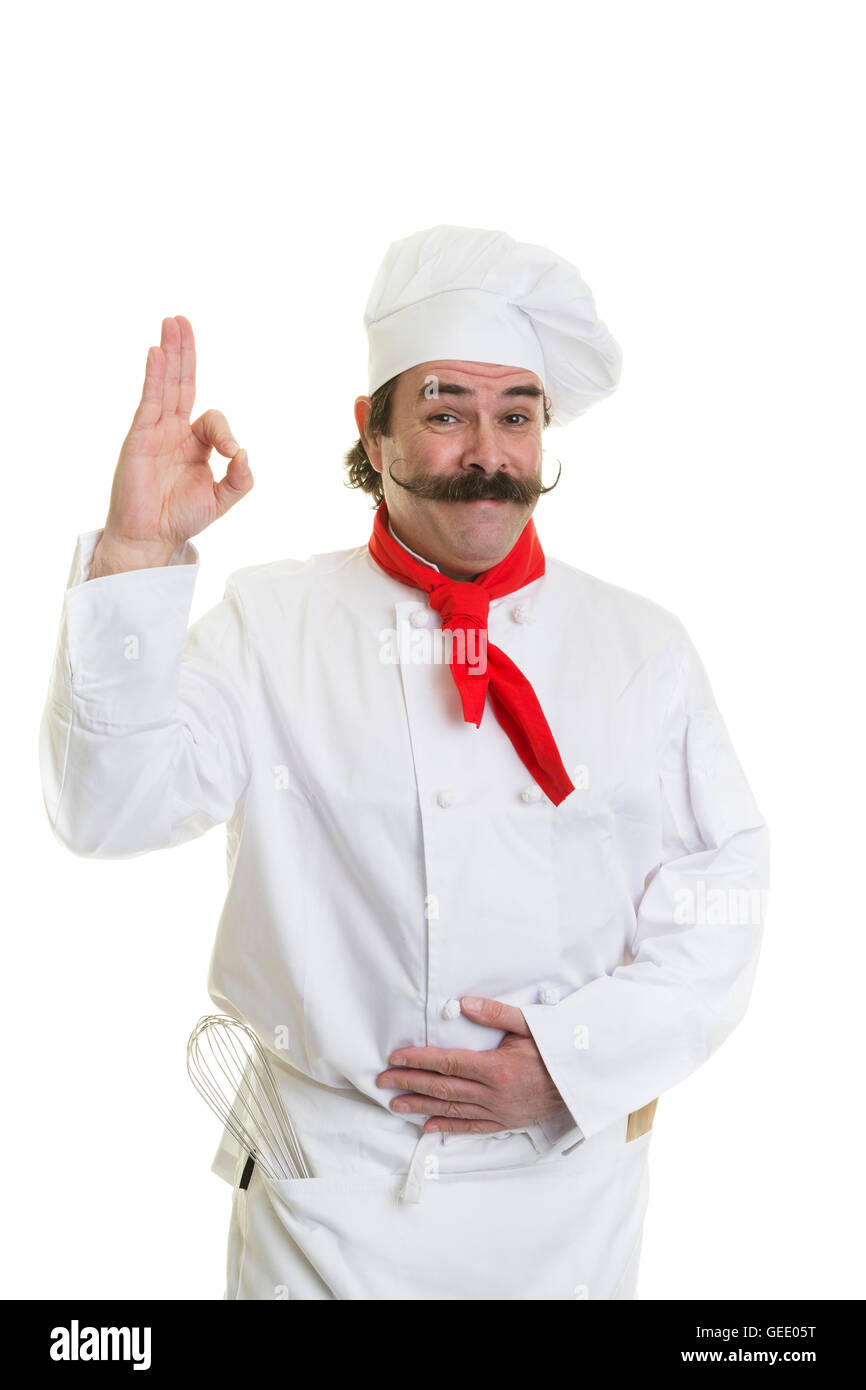Une happy chef avec guidon moustache montrant son approbation Banque D'Images