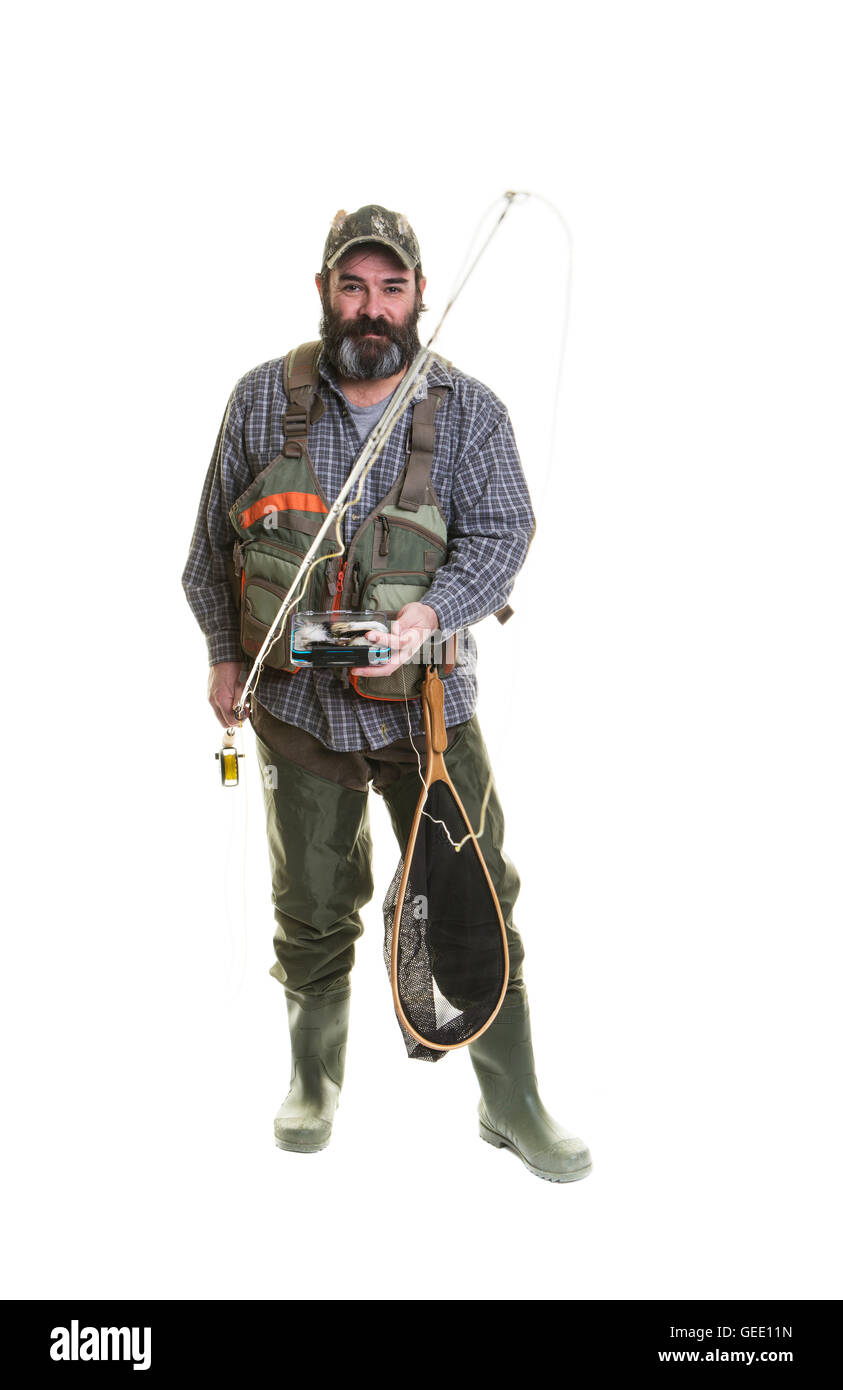 Smiling pêcheur de mouche avec une barbe sur un fond blanc. Banque D'Images