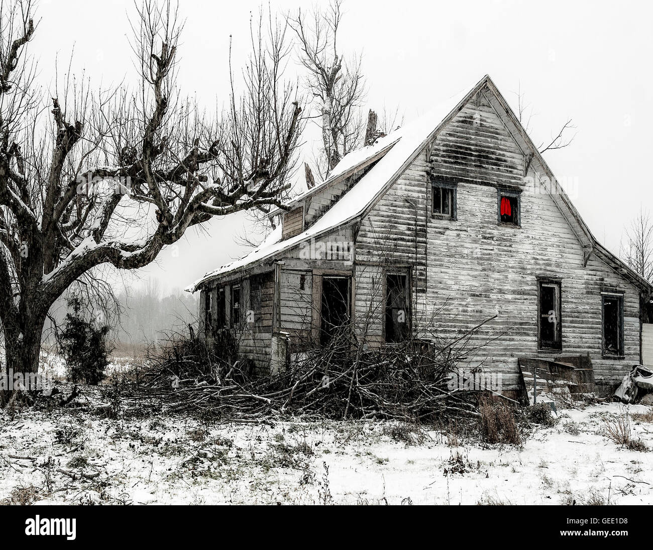 Le feuillet rouge-soufflage d'une fenêtre à l'étage d'une ferme abandonnée depuis longtemps, sur un jour de neige sur la côte est du Maryland. Banque D'Images