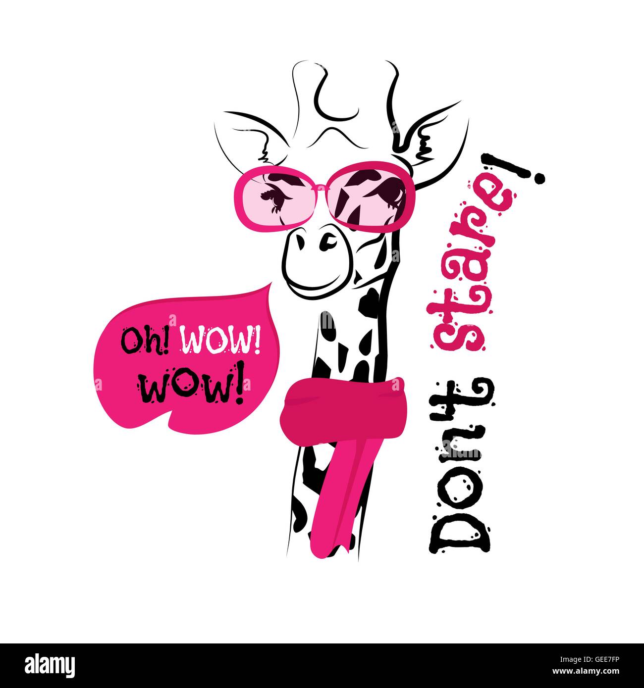 Funny girafe lunettes rose et écharpe avec belle etiquette dans la tendance de la saison. Expression créative lettrage, style de jeunesse Illustration de Vecteur