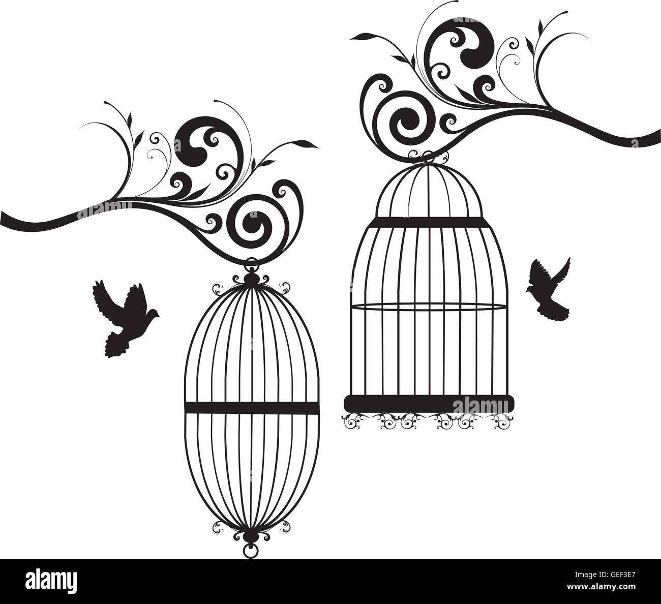 Vector illustration de cages à oiseaux vintage avec des oiseaux Illustration de Vecteur