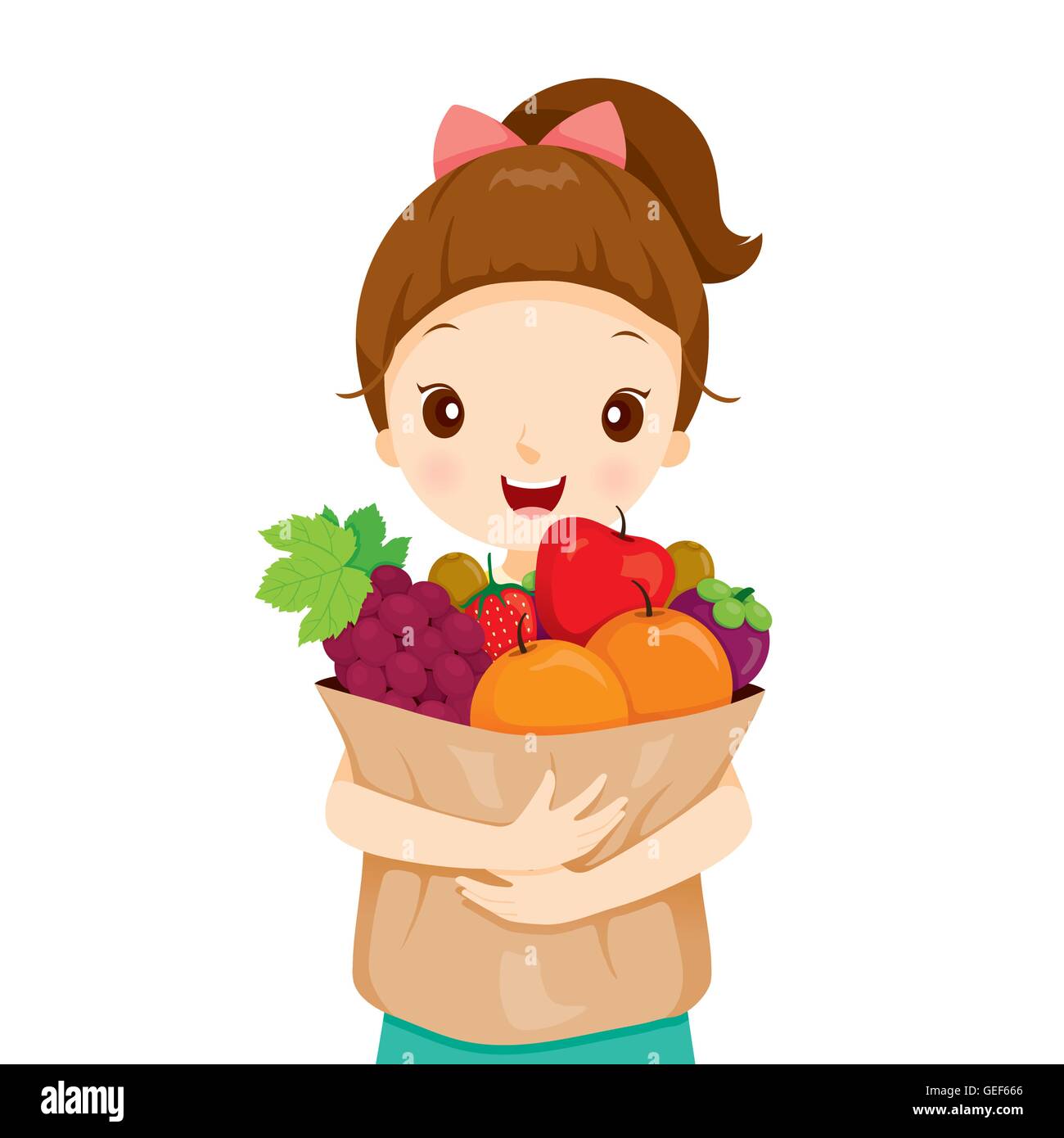 Girl Holding sac plein de fruits, de fruits tropicaux, de la saine alimentation, de l'alimentation, de jus Illustration de Vecteur