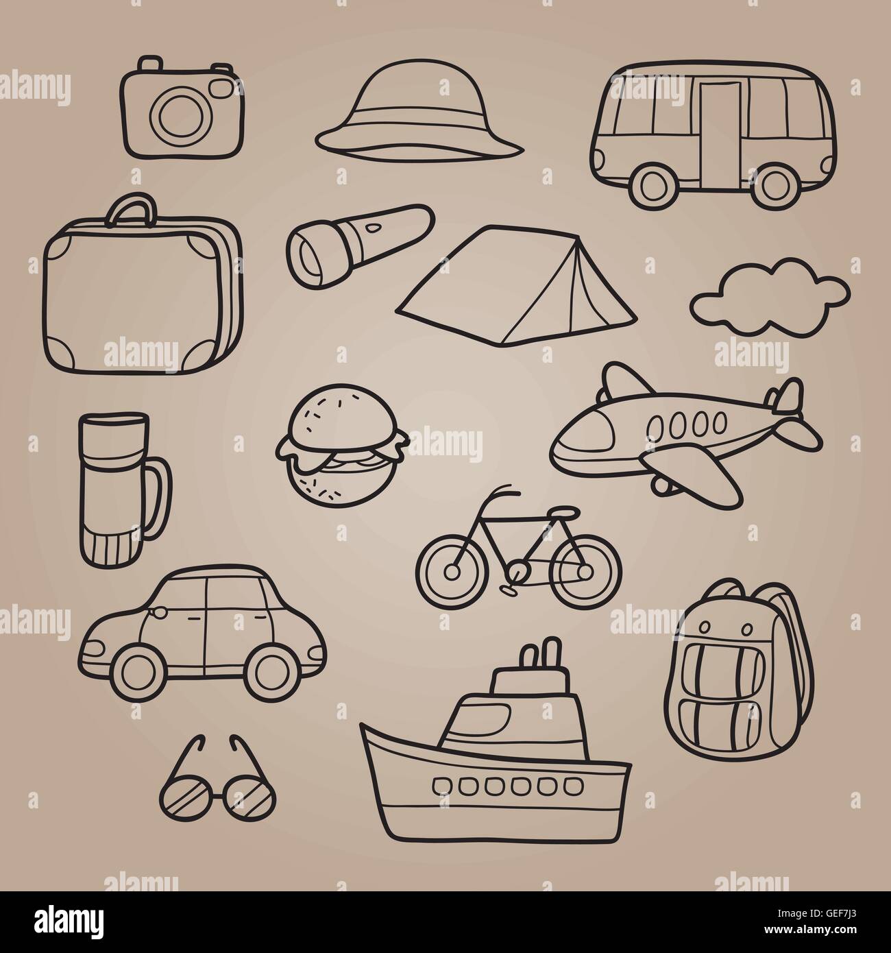 Les contours icons set, voyage aventure, voyages, transport Illustration de Vecteur