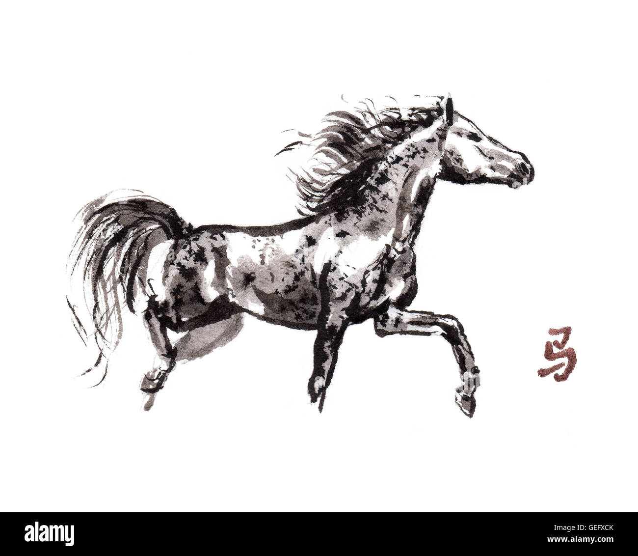 Tête de cheval au trot oriental haut peinture d'encre avec hiéroglyphe chinois 'horse'. Banque D'Images