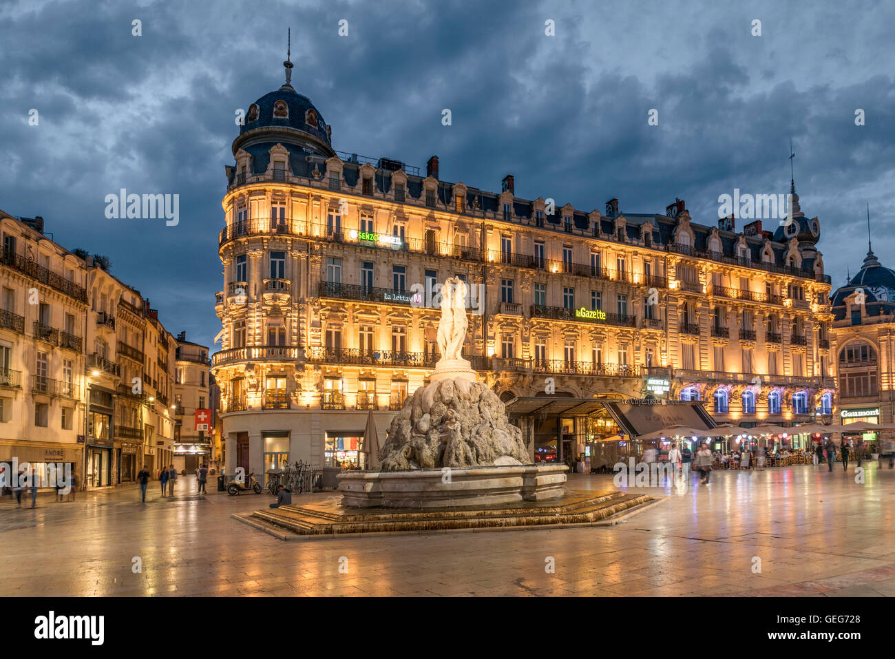 Place de la Comédie, trois grâces fontaine, Montpellier, France, Banque D'Images