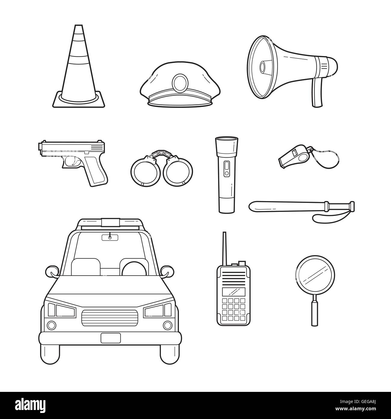 Aperçu de la police Icons Set, profession, professions, travailleur, de patrouille, de sécurité, de devoir Illustration de Vecteur