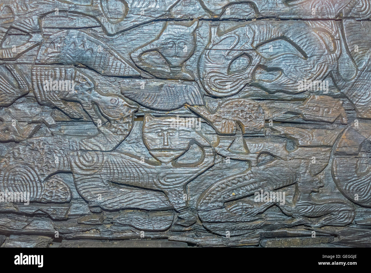 La sculpture sur bois Viking Ship Museum Oslo Norvège Banque D'Images