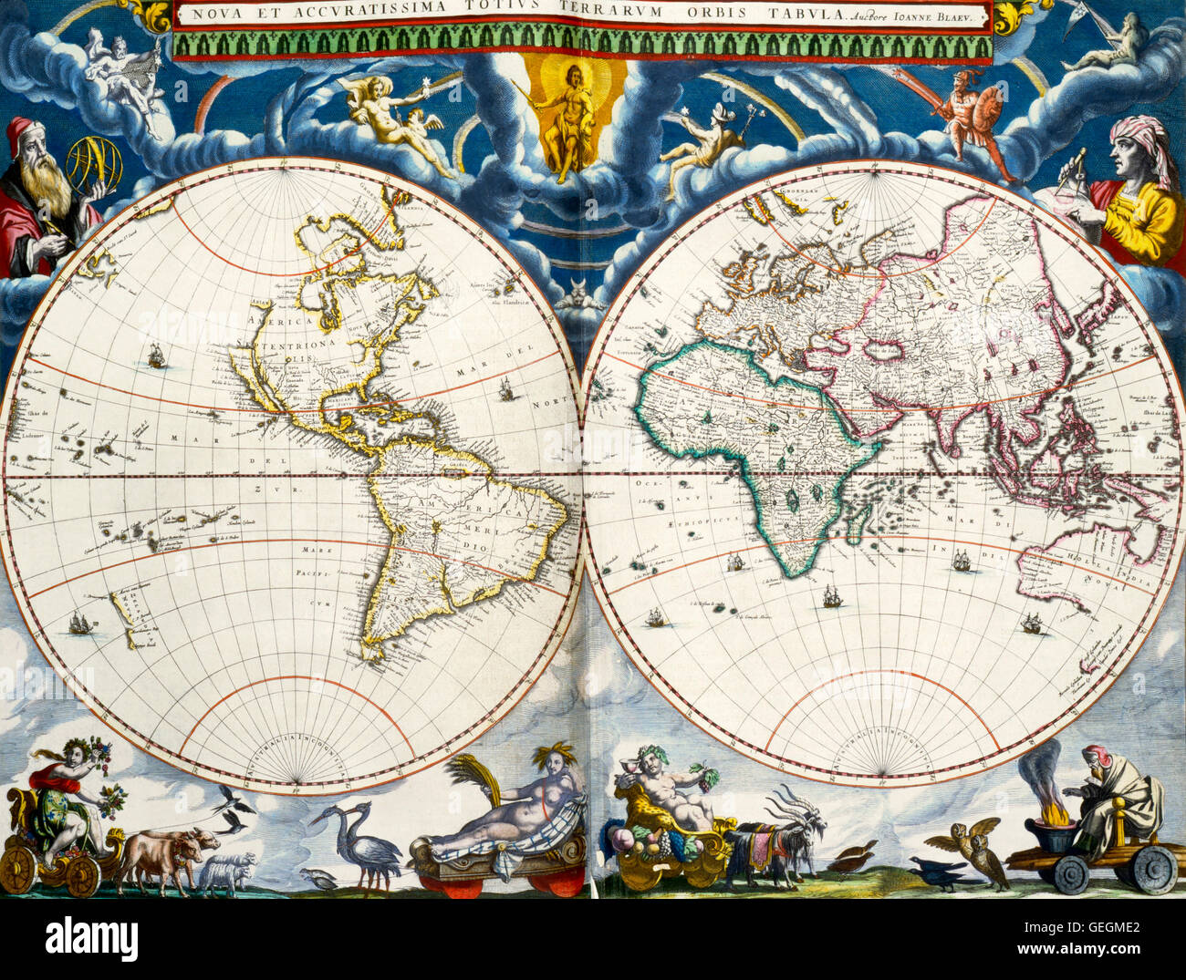 Nova et accuratissima totius orbis terrarum tabula. Une nouvelle carte et le plus précis de tous les pays du monde. Carte du monde de Joan Blaeu (1596-1673) datant du milieu du 17ème siècle. La côte est de l'Australie reste inexplorée et la Californie est représentée comme une île. Banque D'Images