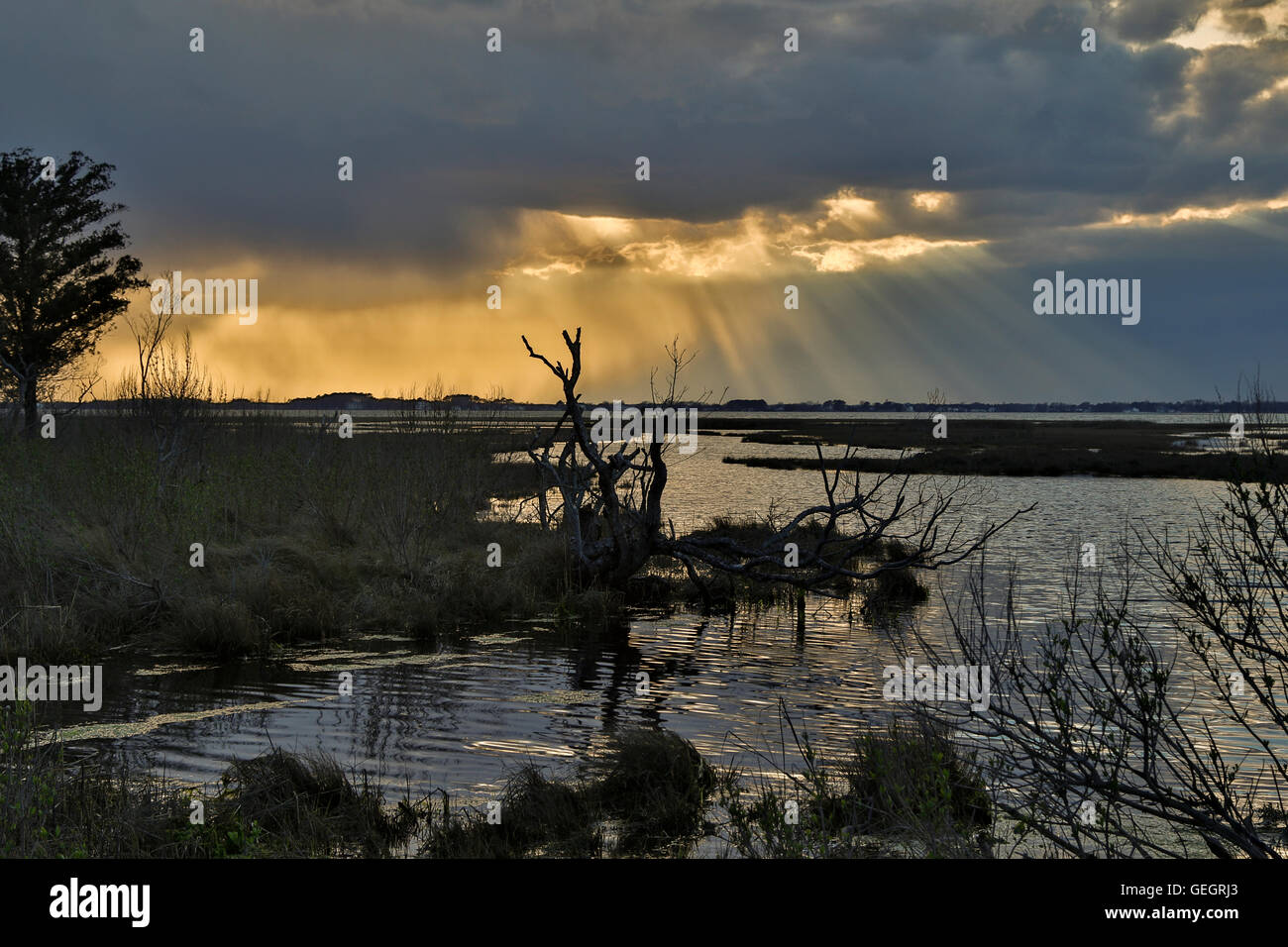 Coucher de soleil nuageux sur Assategue Island Banque D'Images
