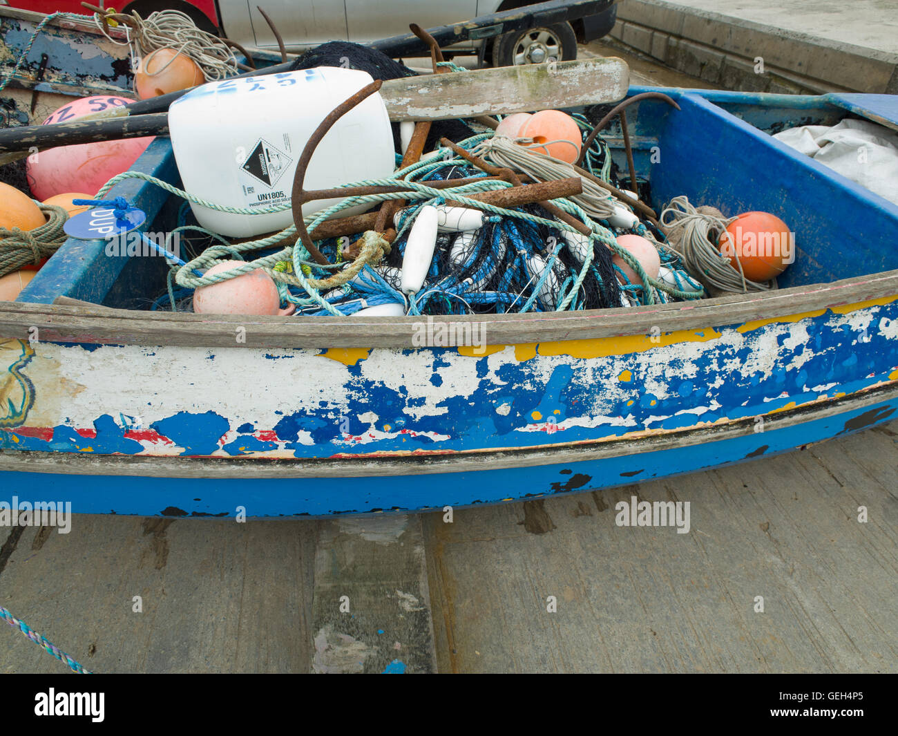 L'équipement de pêche en barque, UK Banque D'Images