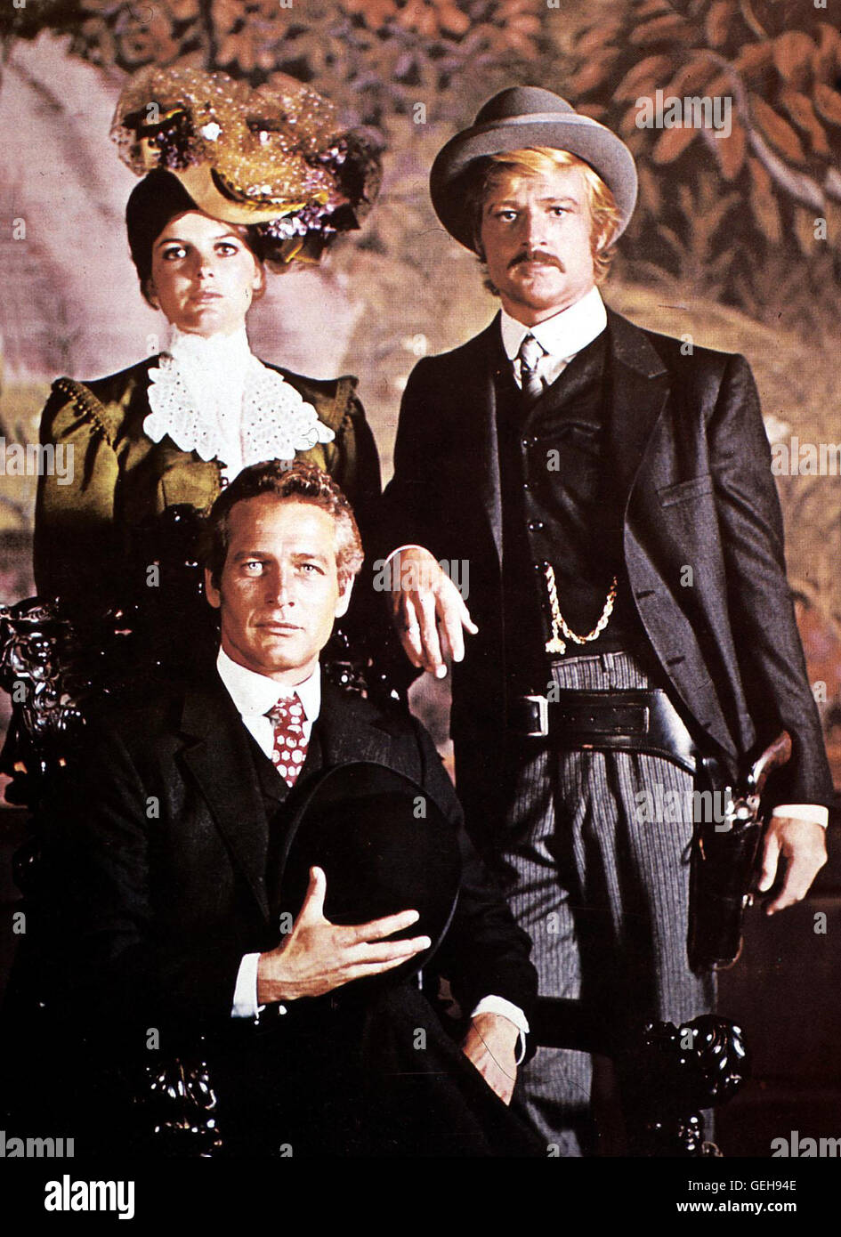 Paul Newman, Robert Redford, Katherine Ross Butch Cassidy (Paul Newman) und Sundance Kid (Robert Redford) setzen sich mit Etta (Katherine Ross) nach einem missglueckten Coup nach Bolivien ab. *** *** Légende locale, 1968 Butch Cassidy et le Sundance Kid, Banque D'Images